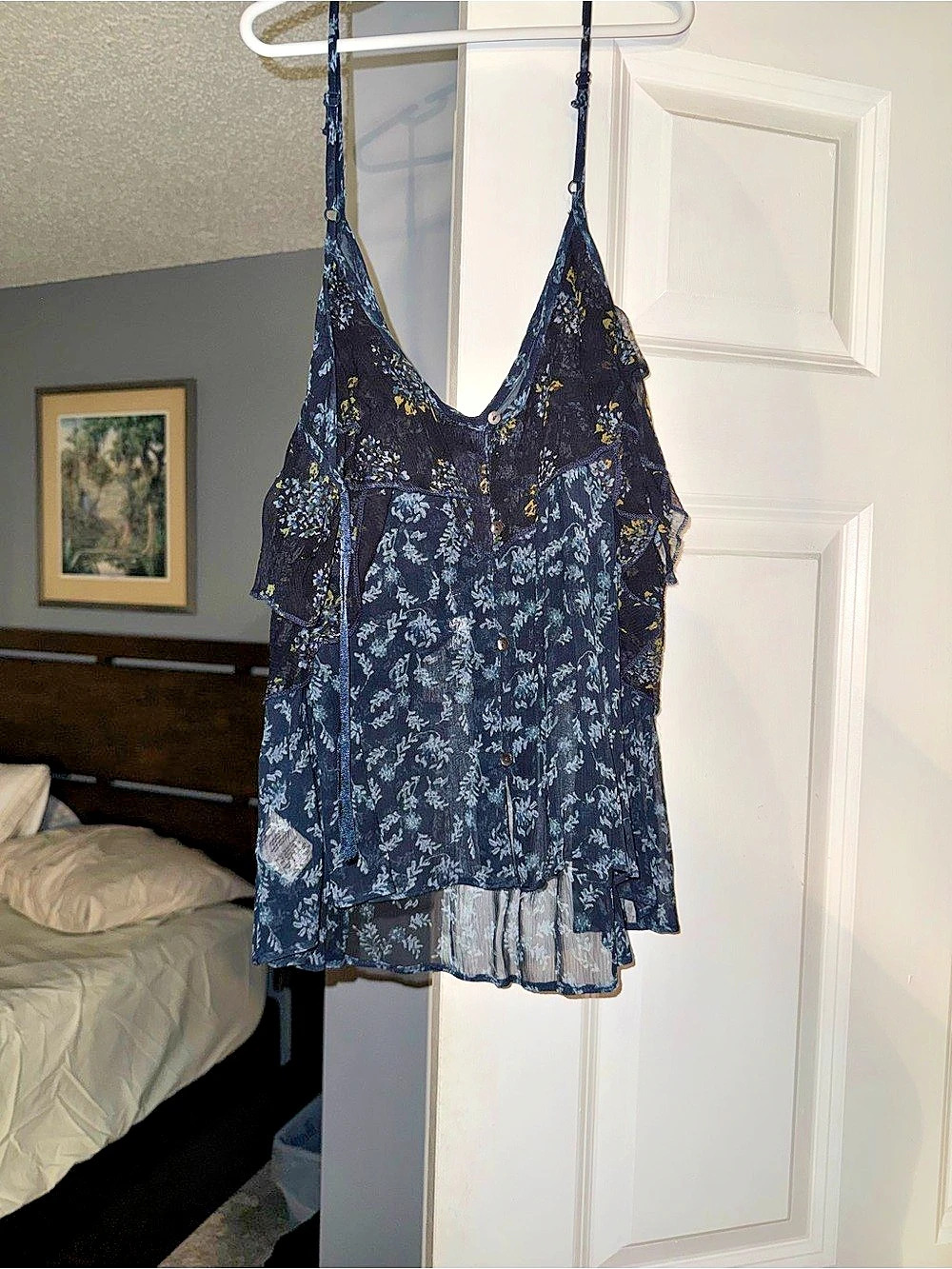 Free People All Things Ruffle Tank Floral Button-Front Camisole in Blue & Black